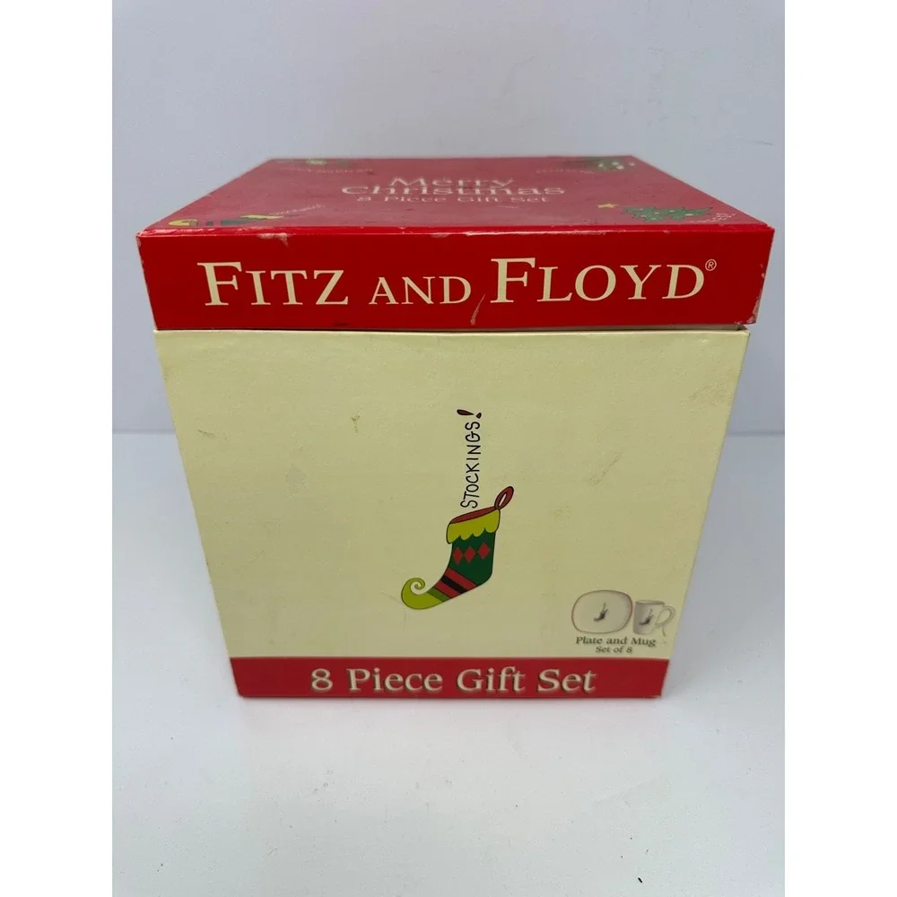 Fitz and Floyd Gift Set, Merry Christmas, 8 Piece (4 Mugs, 4 Plates) 2006